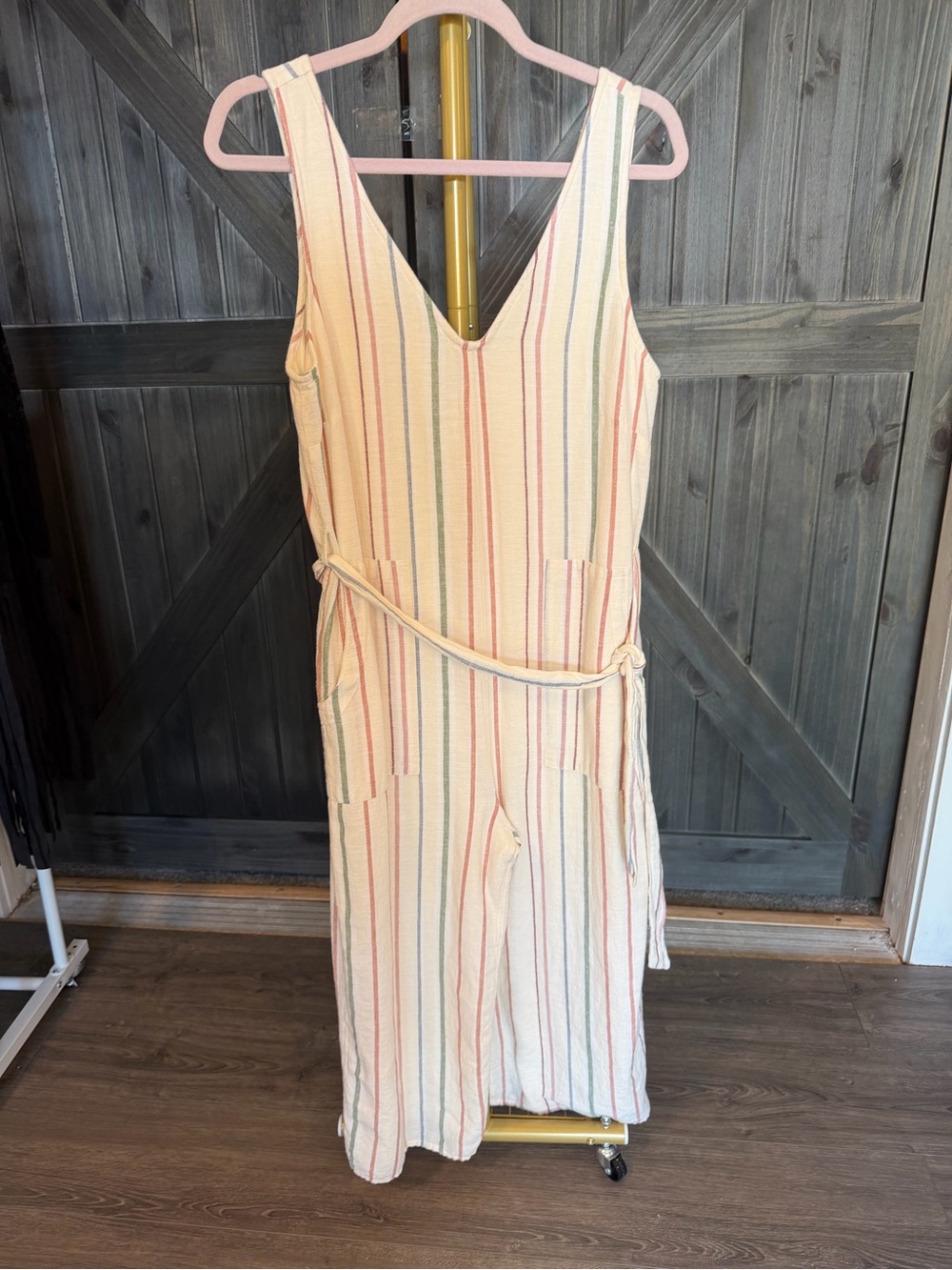 Sleeveless Striped Linen Jumpsuit - Cream with Multicolor Stripes